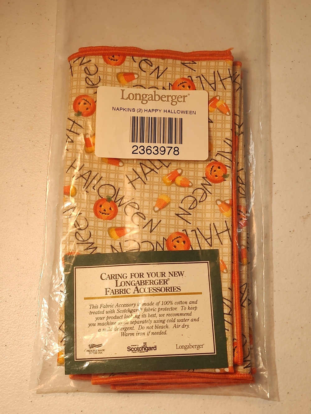 Longaberger Set Of 2 Happy Halloween Fabric Napkins With Orange Trim New In Pack